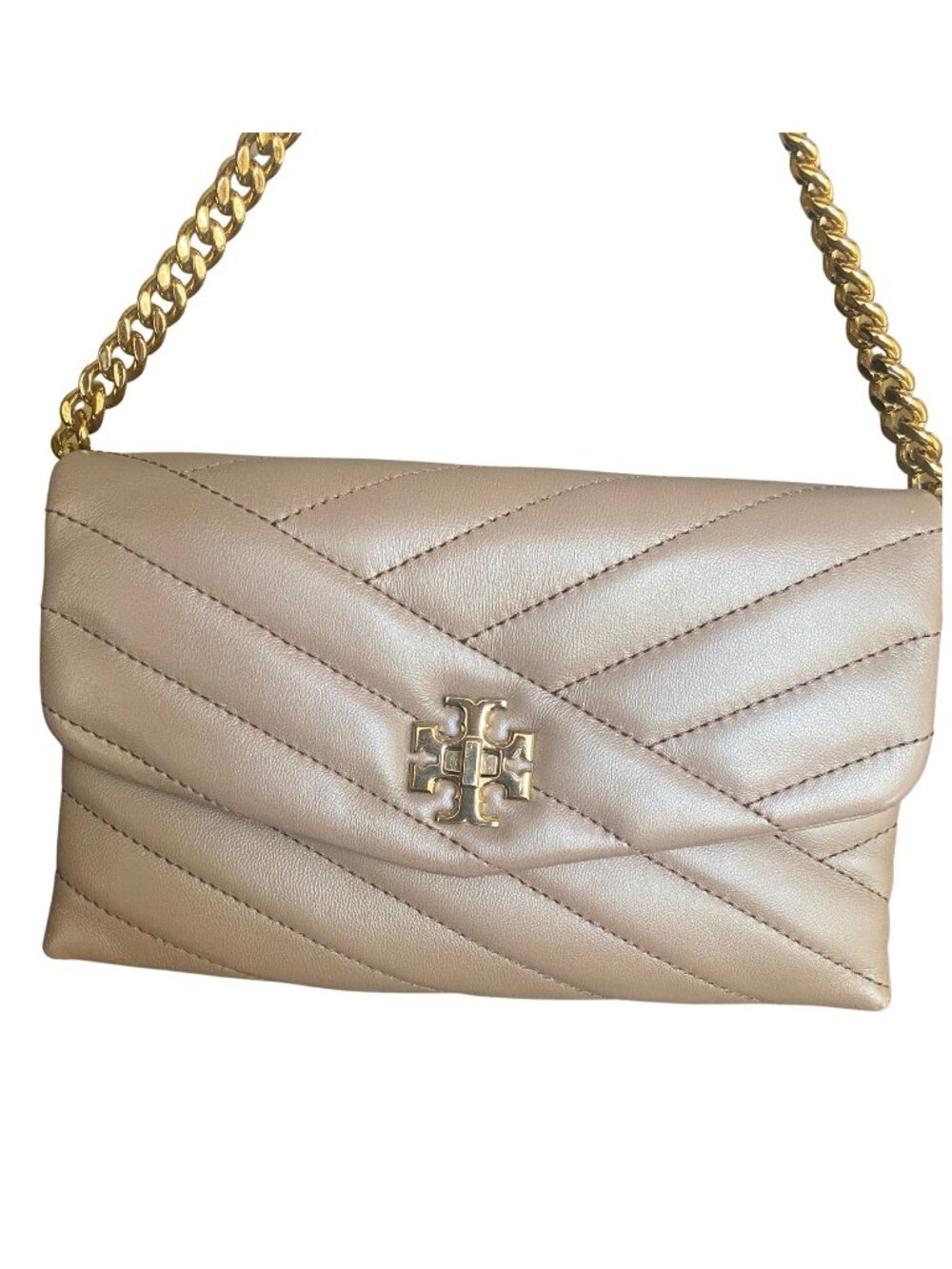 Tory Burch Kira Chevron Small Crossbody Bag Taupe Leather Gold Hardware